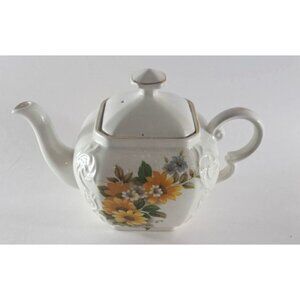 Vintage Ellgreave Teapot Ironstone Transferware Flowers Gold Trim England
